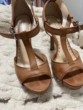 Coach Tan Leather T-Strap High Heel Sandals